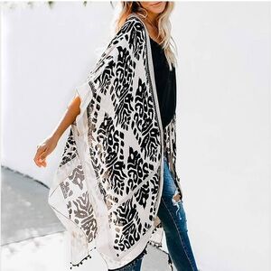 Print Kimono‎ w/ Tassel Casual Cardigan Loose Boho Beach C…